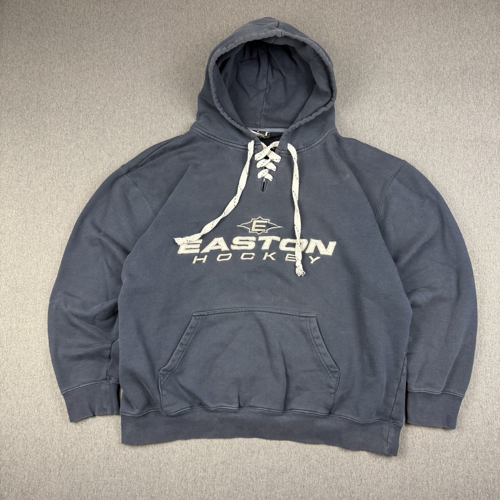 Easton Hockey Mens Blue Pullover Graphic Hoodie Lace Up Neck Size Large Y2K